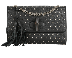 Studded Bamboo Chain Bag, Leather, Black, DB, 502752, 3*